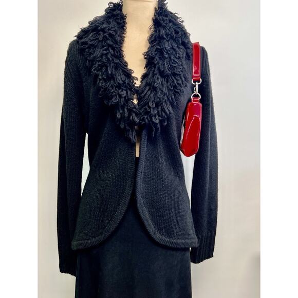 Retro 525 America Cardigan Shaggy Collar Black XL V-Neck Ribbed Sweater Y2K 00s - Picture 1 of 15